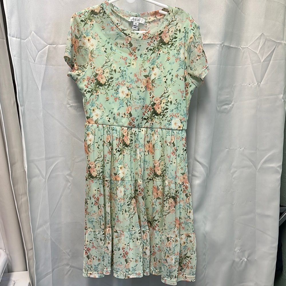 AUW Green Pleated Sundress with Crew Neck